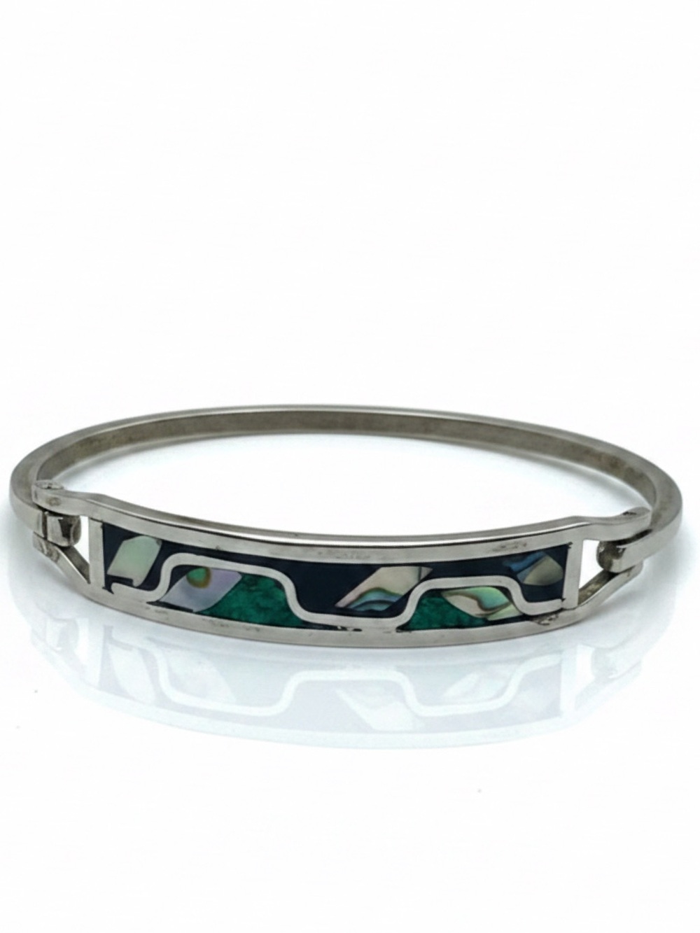 VTG Taxco Mexico Sterling Silver Inlay Bangle Bracelet 925 Abalone Onyx 15g